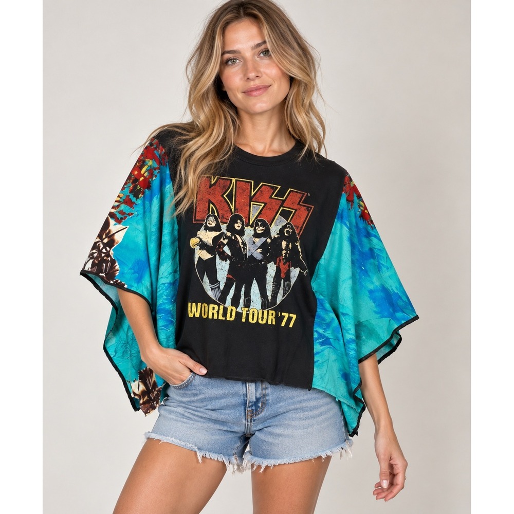 KISS World Tour 77 Upcycled Graphic Tee with Custom Kimono Sleeves One Size